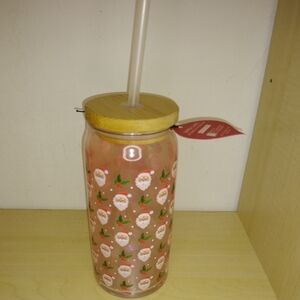 Santa Tumbler Drinking Glass with Bamboo Lid & Reusable Straw